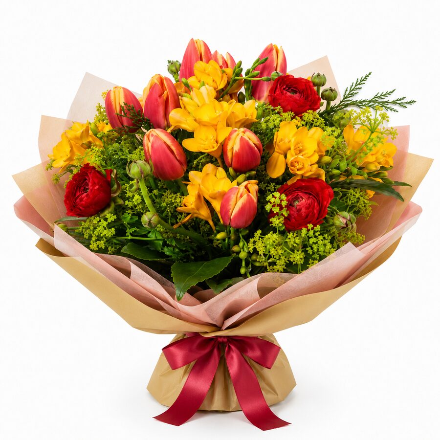 Box di fiori con rose rosse e rose colorate, composizione consegnata a domicilio a Napoli