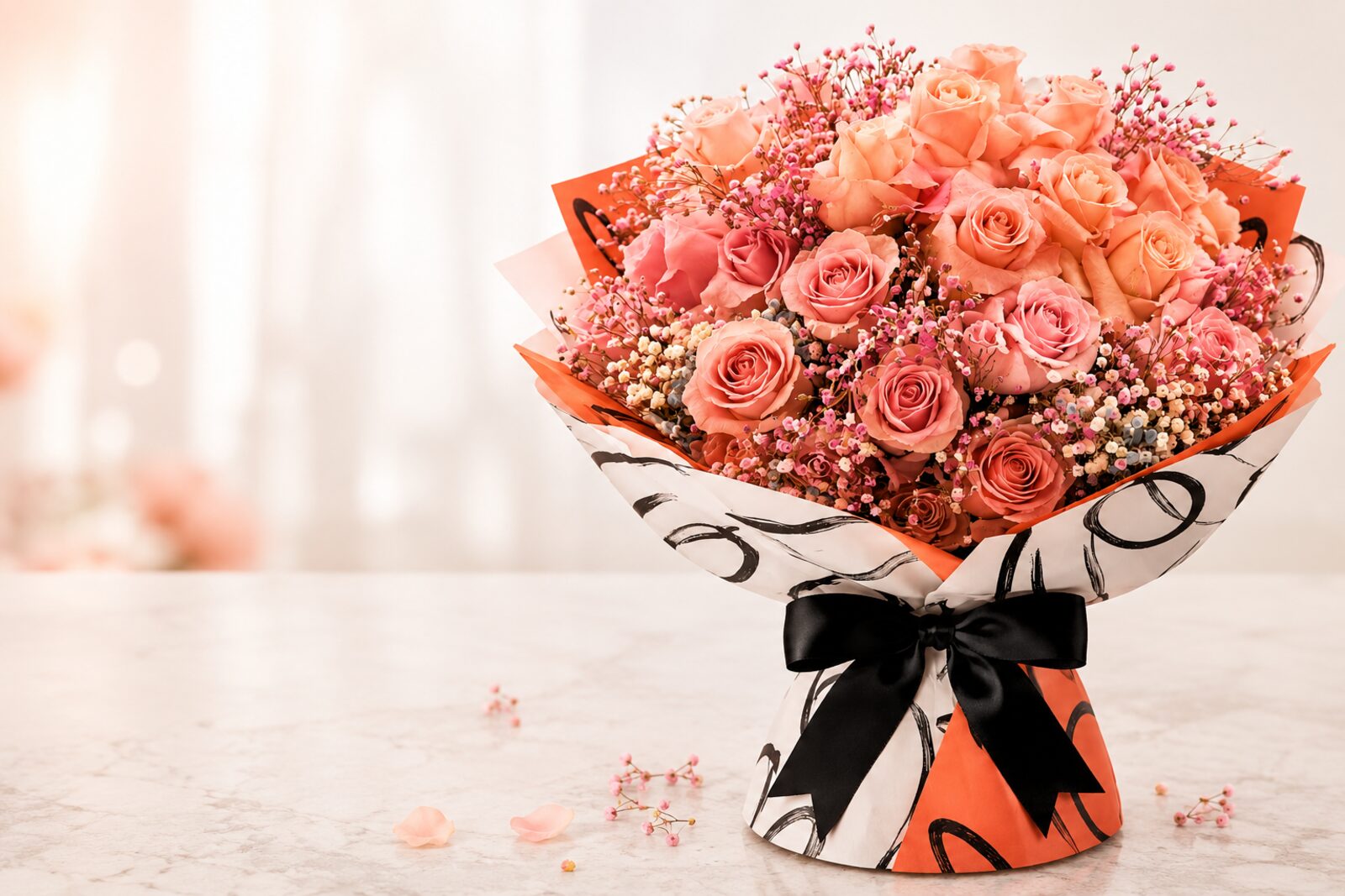 Composizione di rose color pesca e rosa con gypsophila, pronta per la consegna a domicilio a Napoli