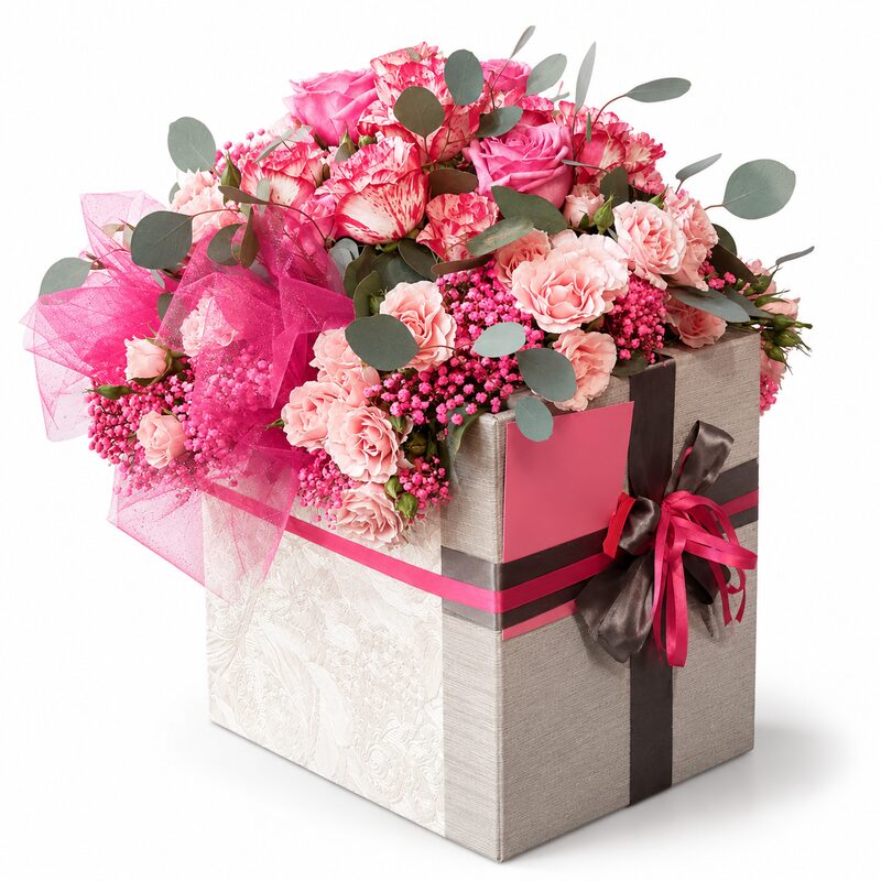 Bouquet di rose bianche e gigli rosa con eucalipto, consegna a Napoli