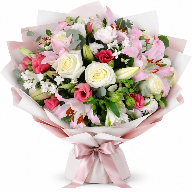 Composizione di rose e garofani rosa in box regalo alto, consegna a Napoli